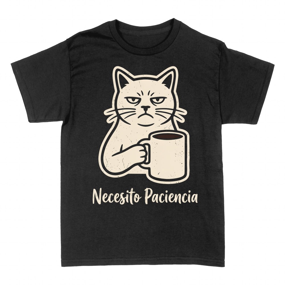 Camisetas: Gato gru&ntilde;&oacute;n con caf&eacute; Necesito Paciencia