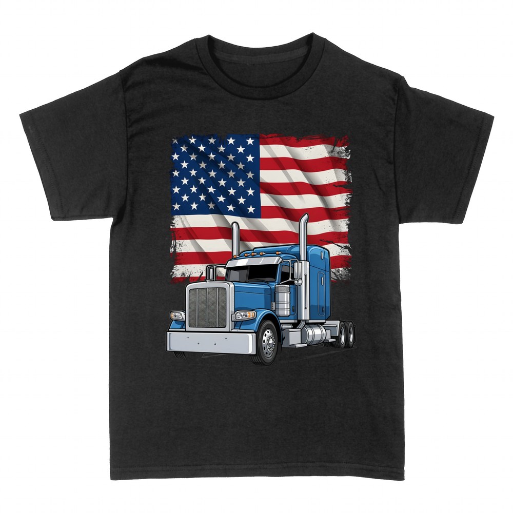 Camisetas: Cami&oacute;n tr&aacute;iler americano azul con bandera de EE.