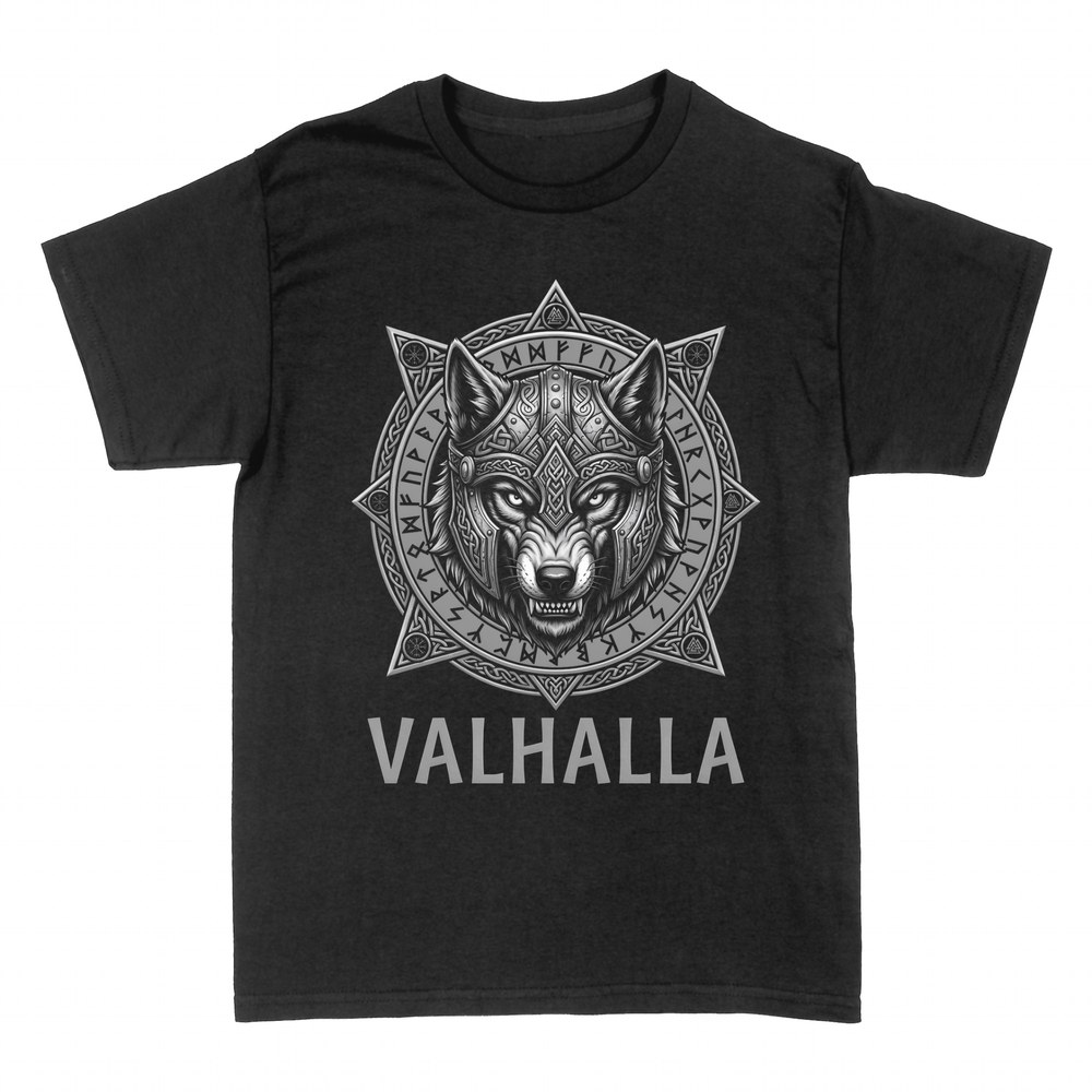 Camisetas: Lobo vikingo con casco r&uacute;nico Valhalla