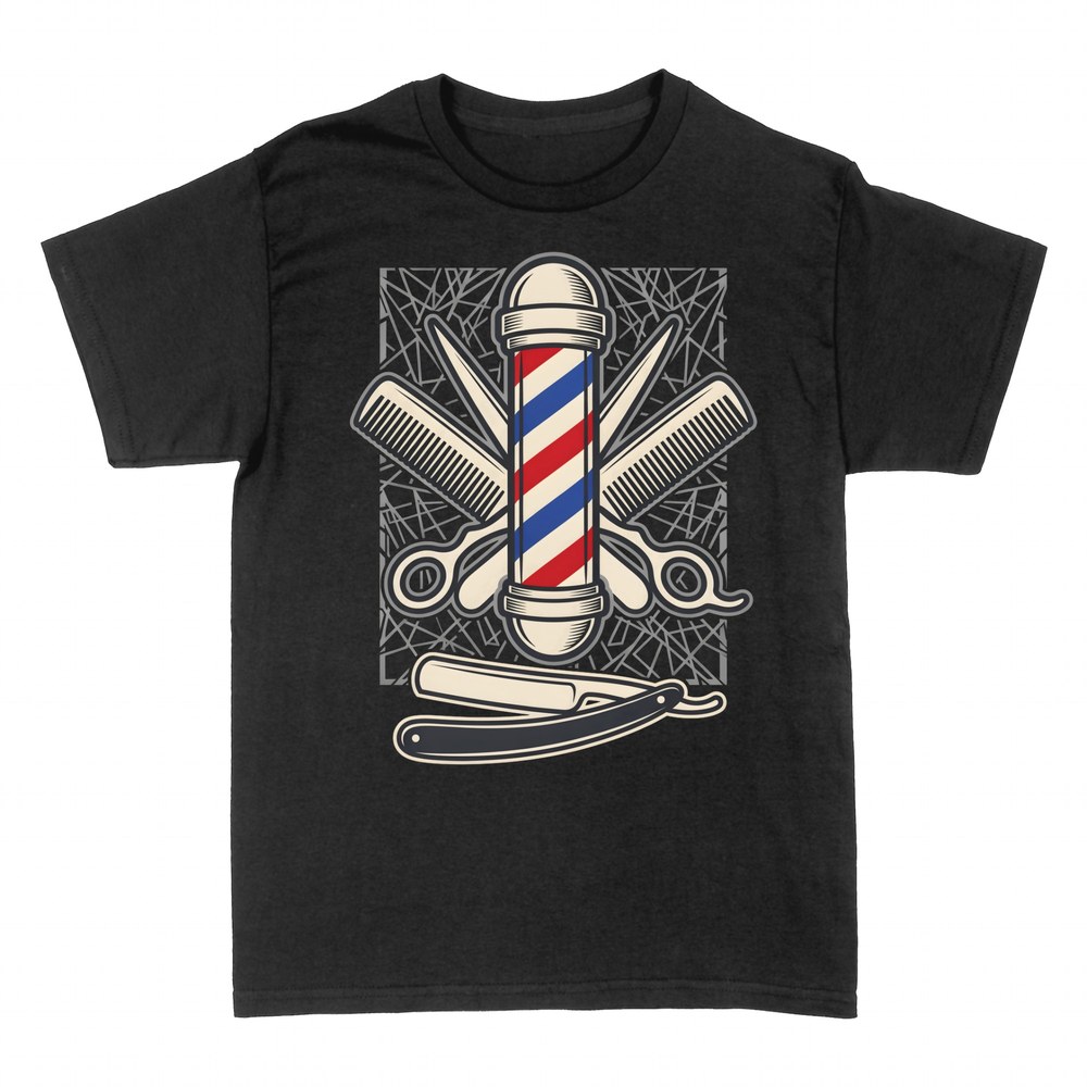 Camisetas: Poste de barbero con tijeras y navaja