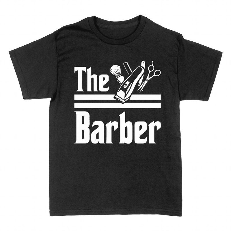 Camisetas: The Barber con maquinilla, tijeras y brocha