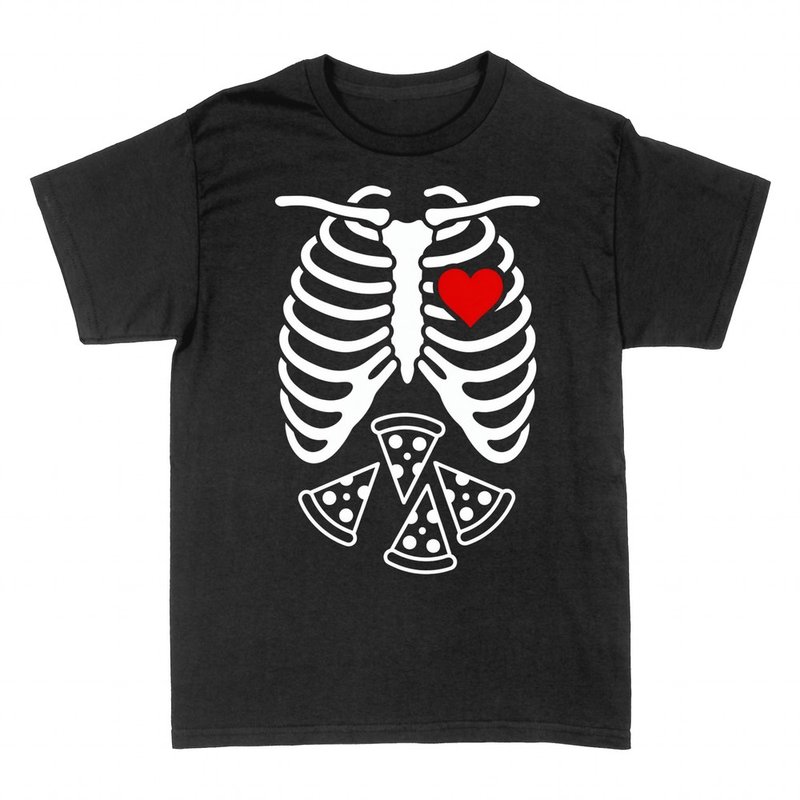 Camisetas: Esqueleto rayos X con barriga de pizza