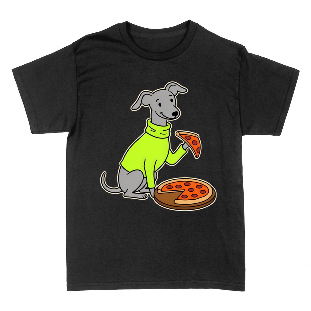 Camisetas: Perro galgo con jersey comiendo pizza
