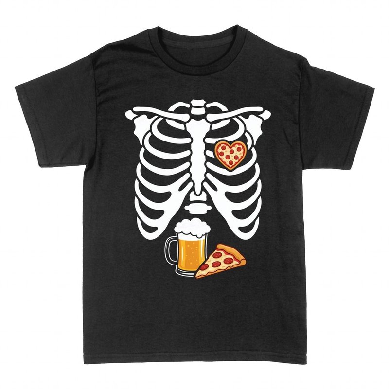 Camisetas: Esqueleto con pizza coraz&oacute;n y cerveza