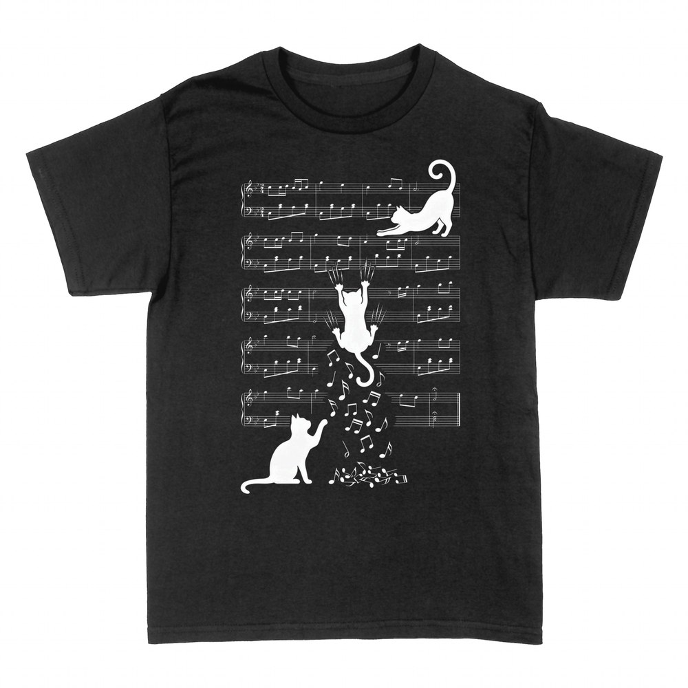 Camisetas: Gatos en el pentagrama con notas cayendo