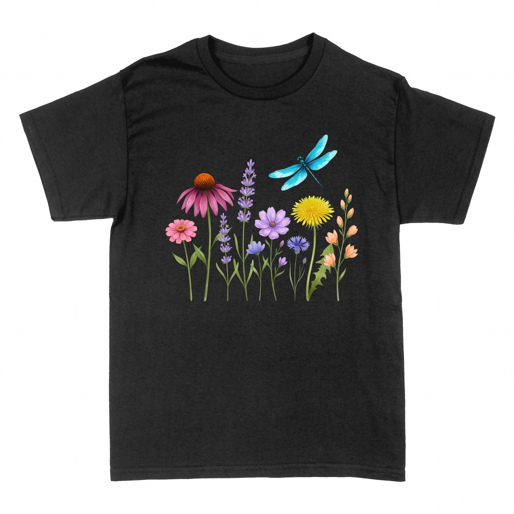 Camisetas: Prado de flores silvestres con lib&eacute;lula