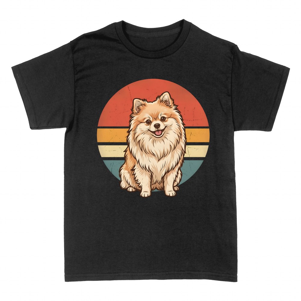 Camisetas: Perro de Pomerania con atardecer retro