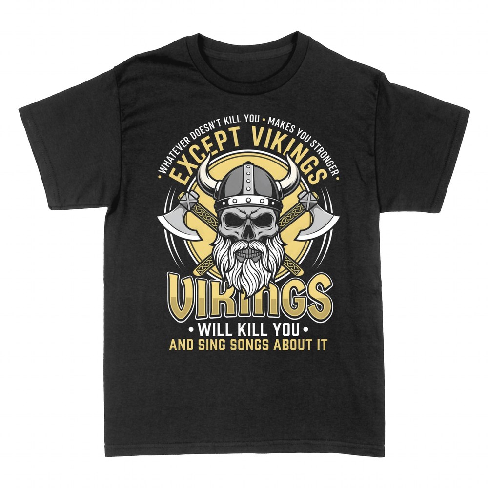 Camisetas: Calavera vikinga con hachas y frase de guerrero