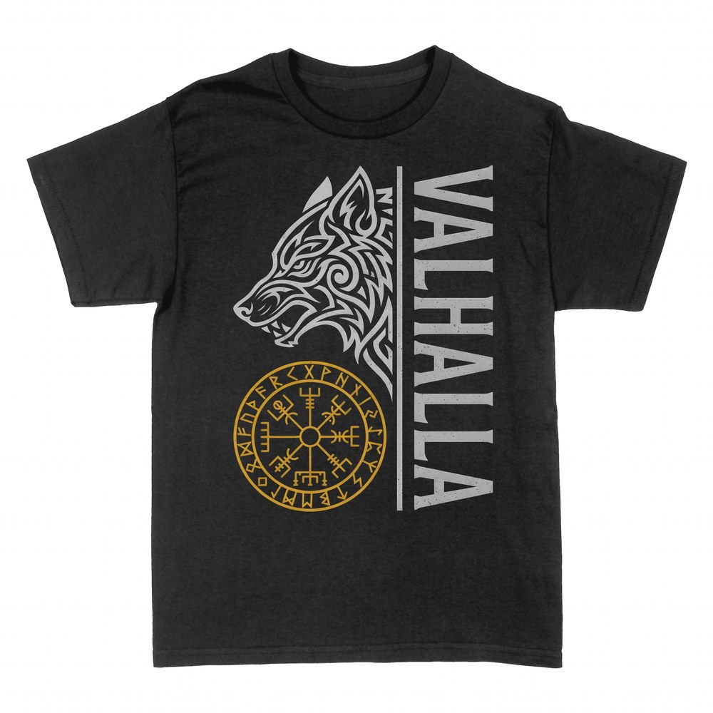 Camisetas: Valhalla con lobo n&oacute;rdico y br&uacute;jula vikinga