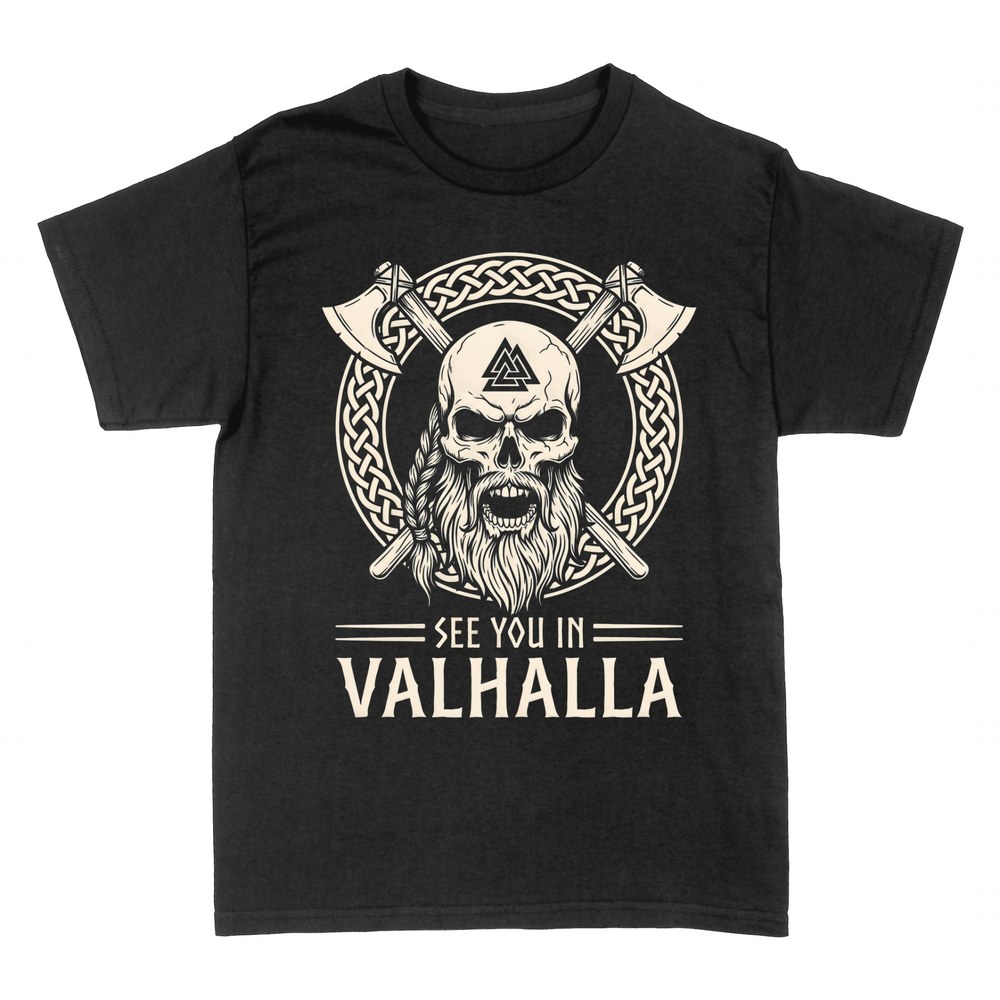 Camisetas: Calavera vikinga nos vemos en Valhalla