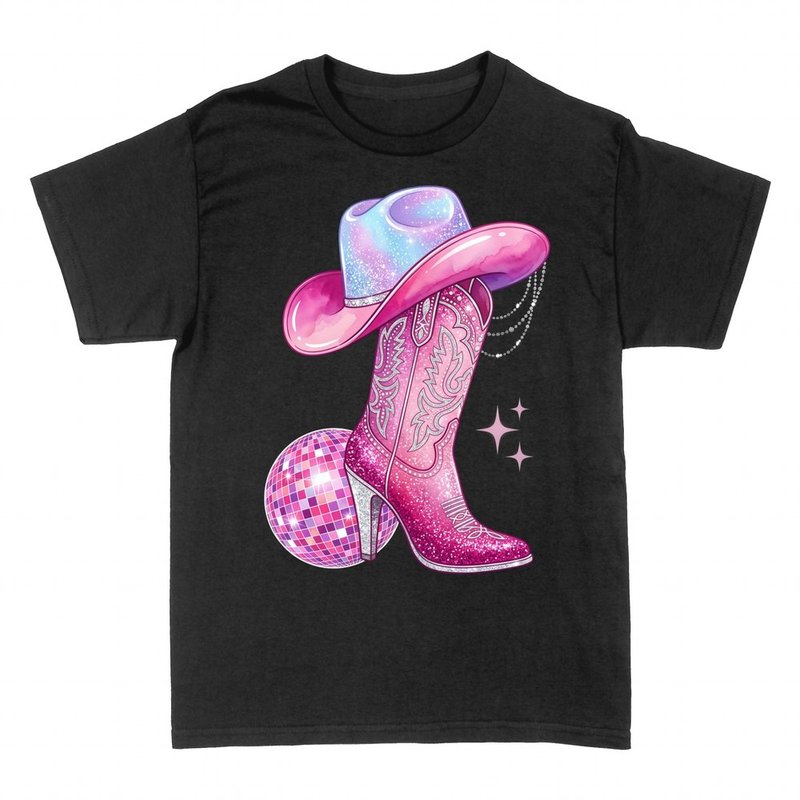 Camisetas: Bota cowgirl rosa y bola de discoteca
