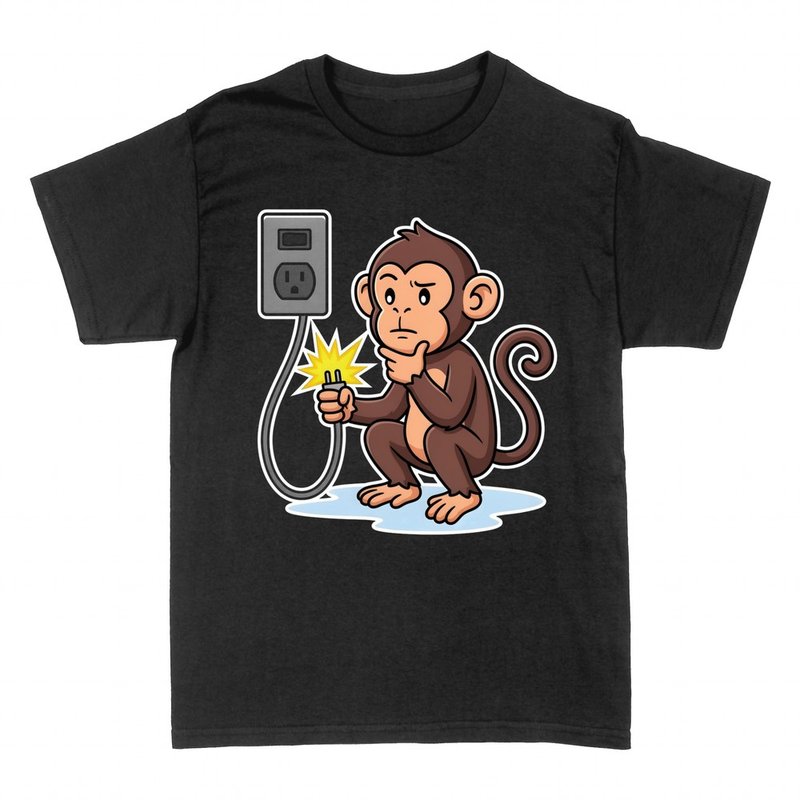 Camisetas: Mono electricista pensativo con enchufe y chispa
