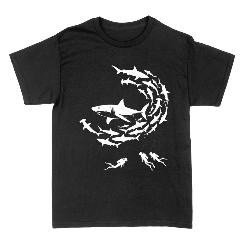 Camisetas: Banco de tiburones con buceadores