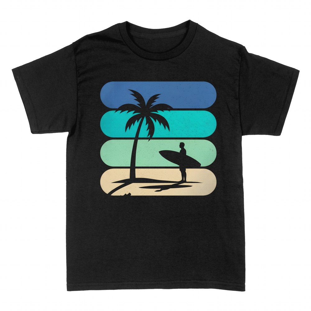 Camisetas: Surfista silueta palmera tropical