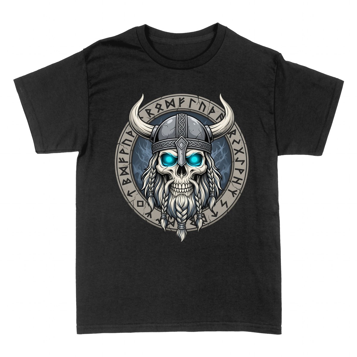 Camisetas: Cr&aacute;neo Vikingo con Runas y Ojos Turquesa