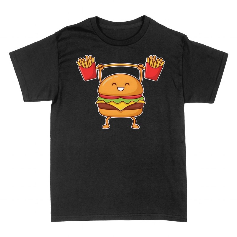Camisetas: Hamburguesa levantando pesas con patatas