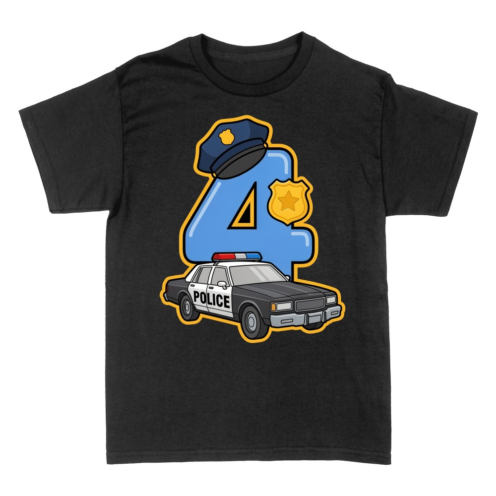 Camisetas: N&uacute;mero 4 Polic&iacute;a con Coche Patrulla