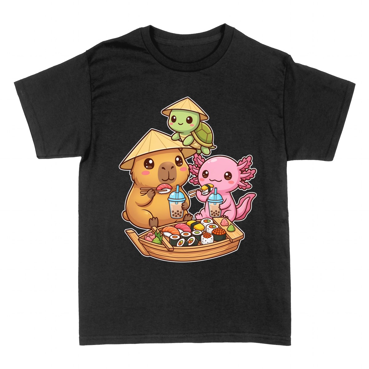 Camisetas: Kawaii Capibara y Amigos con Sushi