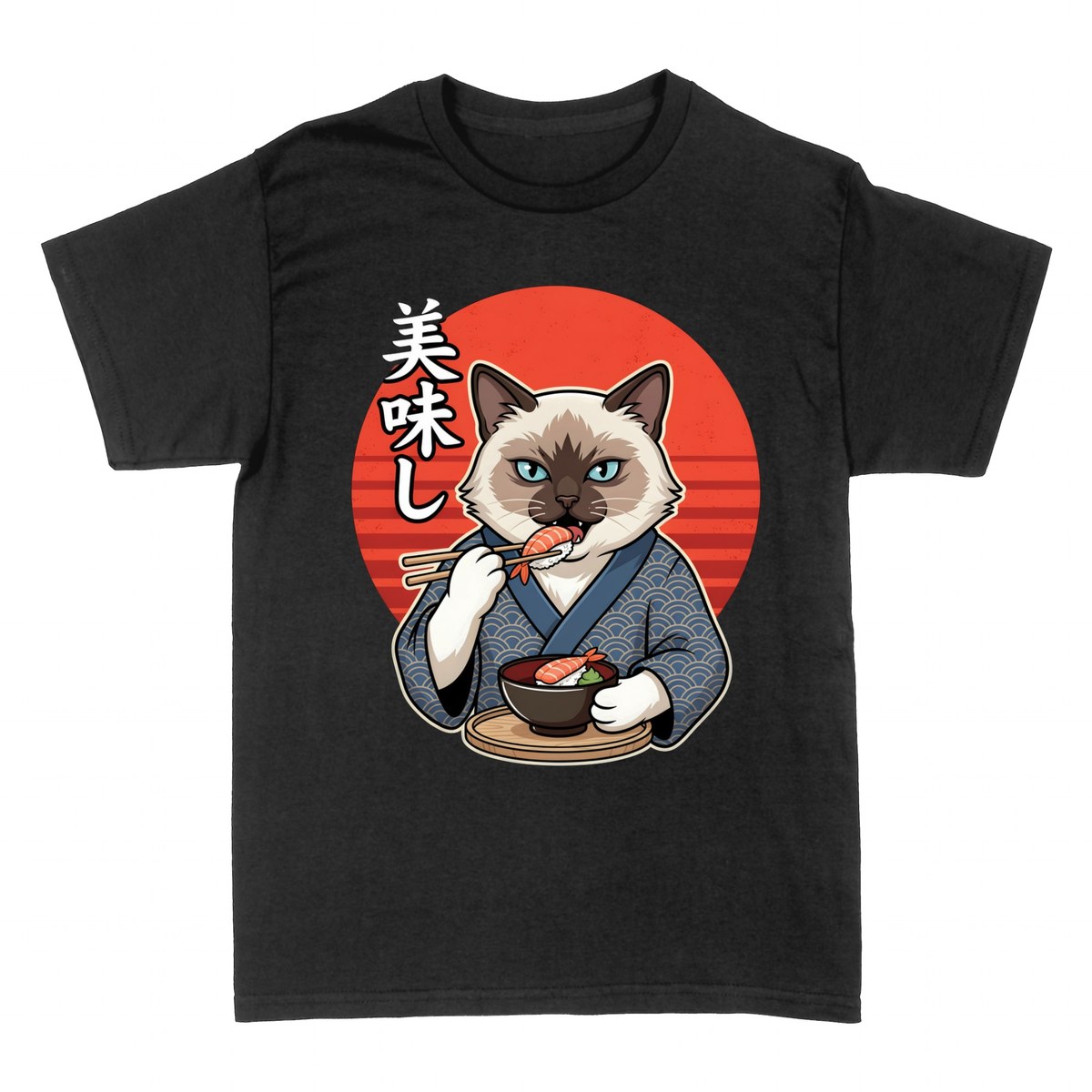 Camisetas: Gato Japon&eacute;s Comiendo Sushi con Kimono