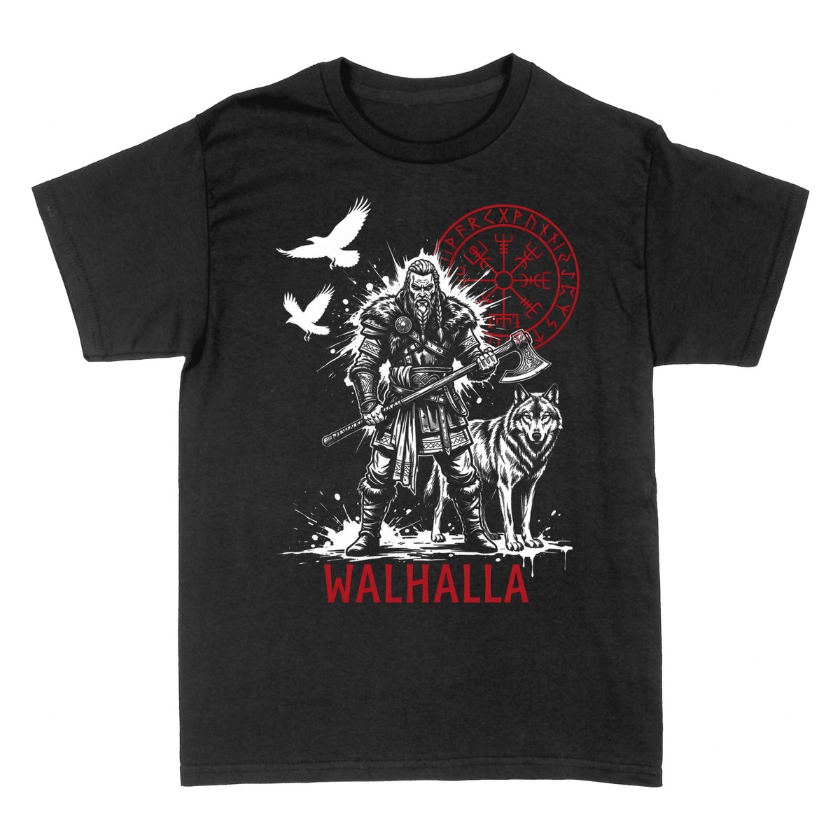 Camisetas: Guerrero Vikingo Walhalla con Vegvisir y Lobo