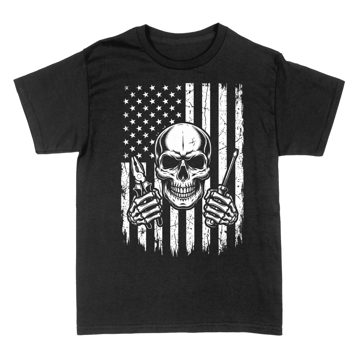Camisetas: Calavera electricista bandera USA