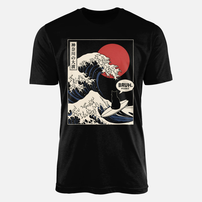 Camisetas: Gato surfeando la gran ola de Hokusai