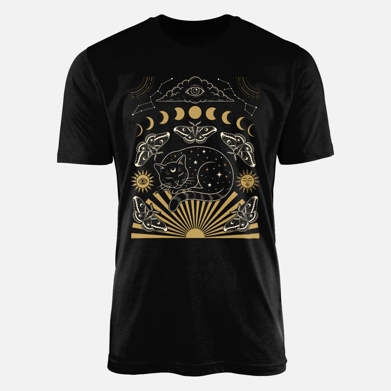 Camisetas: Gato c&oacute;smico con luna y polillas