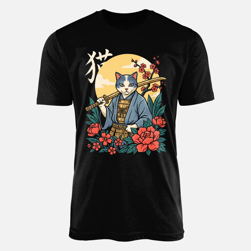 Camisetas: Gato samurai japon&eacute;s con katana y cerezo