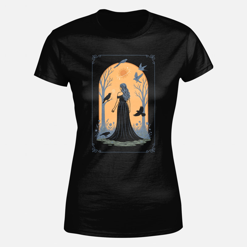 Camisetas: Mujer m&iacute;stica y cuervos en el bosque