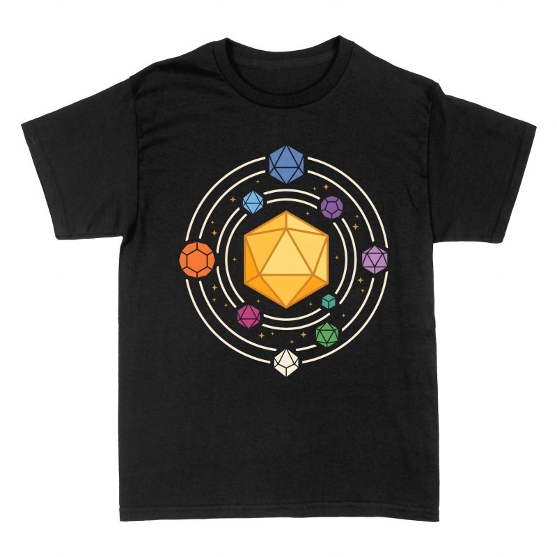 Camisetas: Sistema solar D20 y dados poli&eacute;dricos