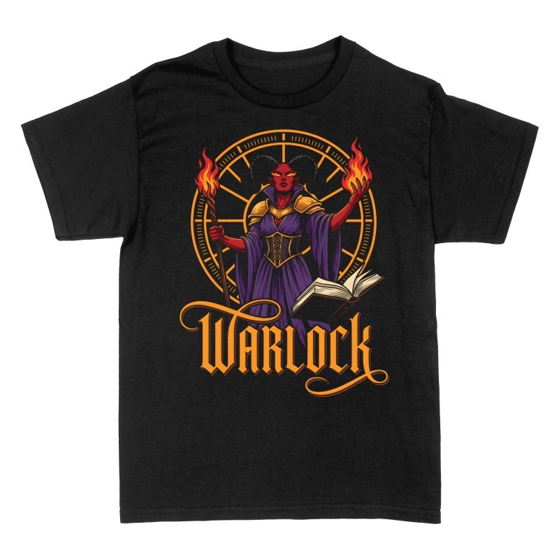 Camisetas: Bruja tiefling warlock con b&aacute;culo y fuego