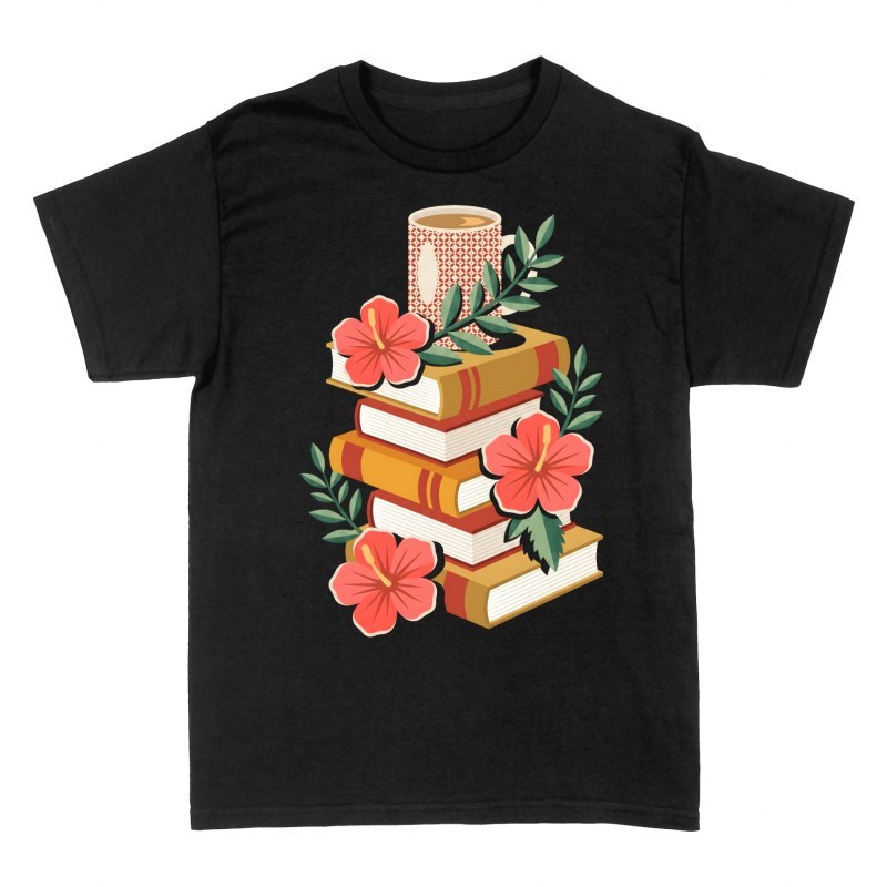 Camisetas: Pila de libros con caf&eacute; y flores