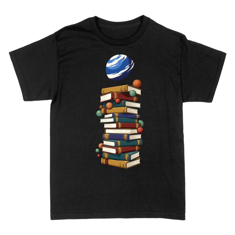 Camisetas: Torre de libros y planetas