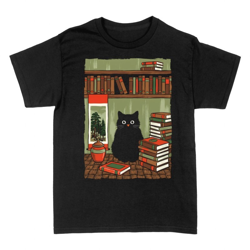 Camisetas: Gato negro en biblioteca acogedora