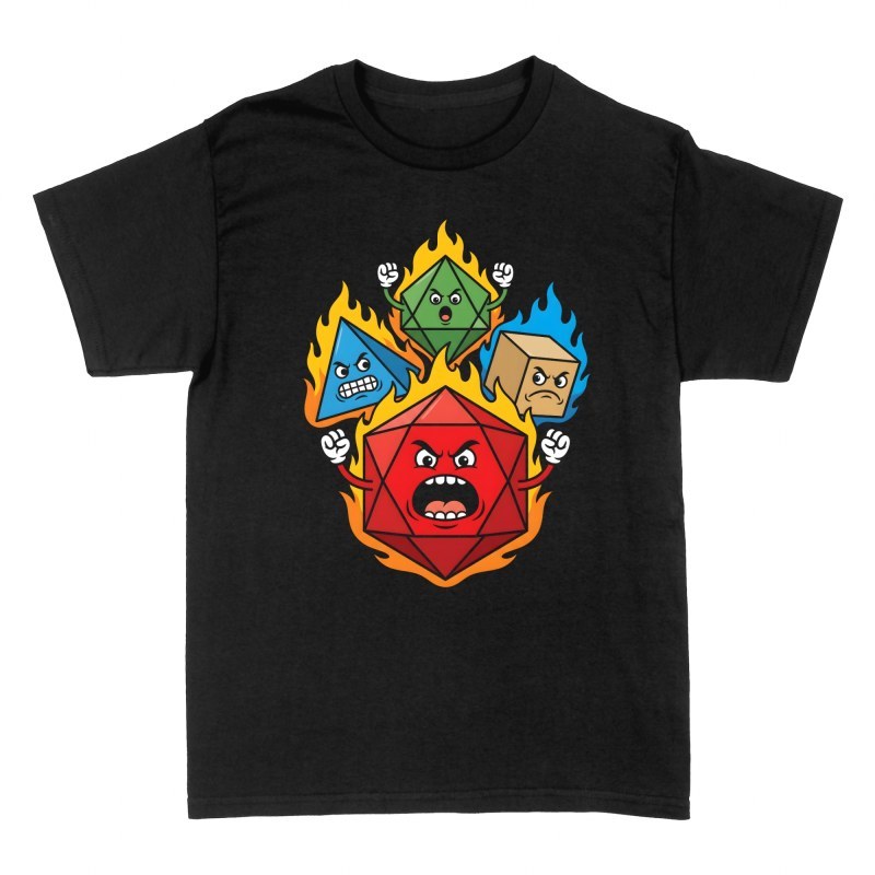 Camisetas: Dados de rol furiosos en llamas