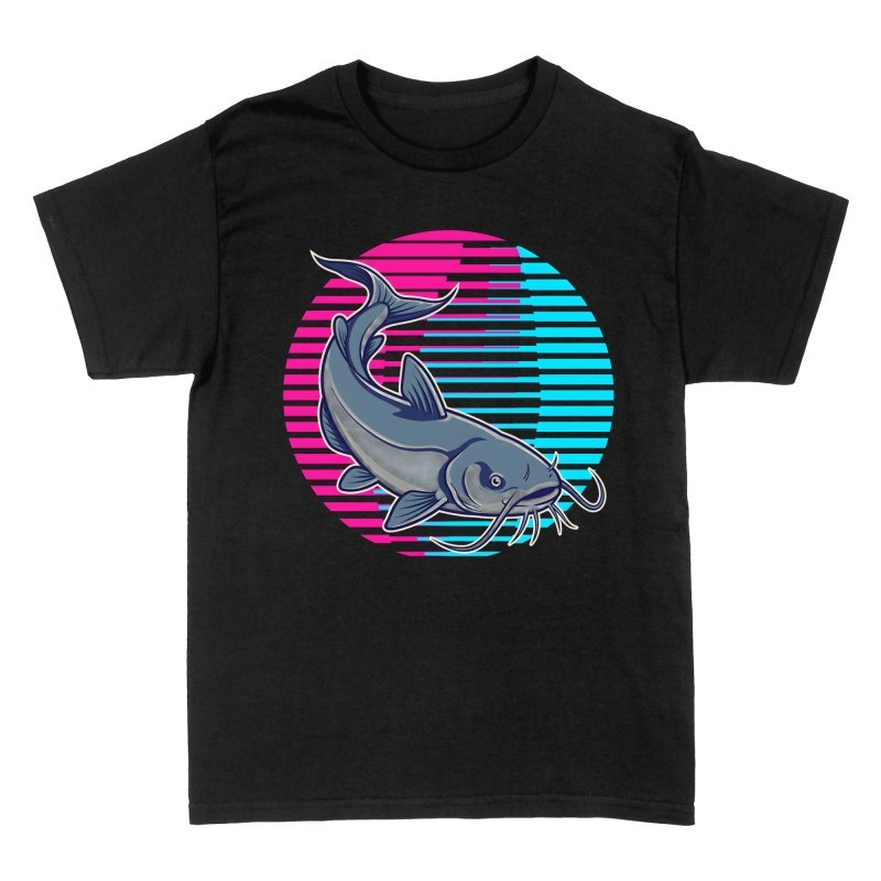 Camisetas: Pez gato synthwave retro