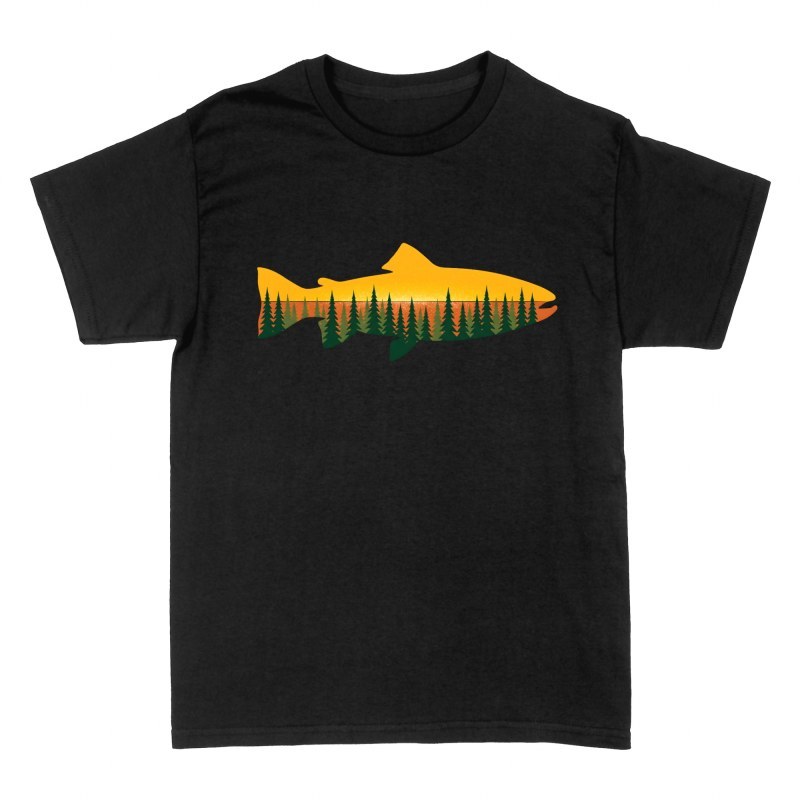 Camisetas: Silueta de pez con paisaje de bosque