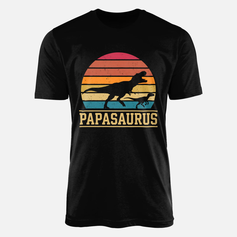 Camisetas: Papasaurus con cr&iacute;a y sol retro