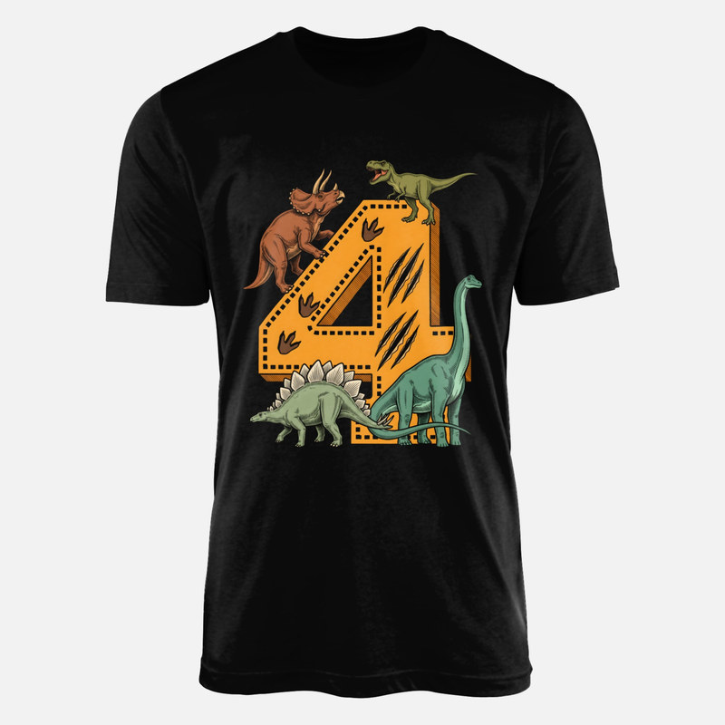 Camisetas: N&uacute;mero 4 con dinosaurios cumplea&ntilde;os
