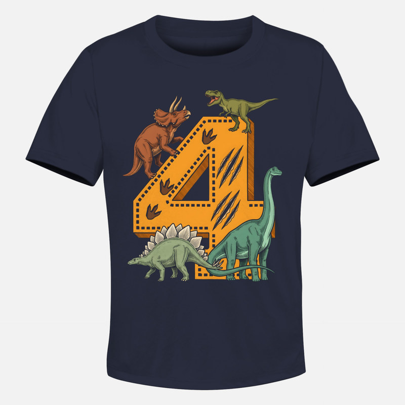 Camisetas: N&uacute;mero 4 con dinosaurios cumplea&ntilde;os