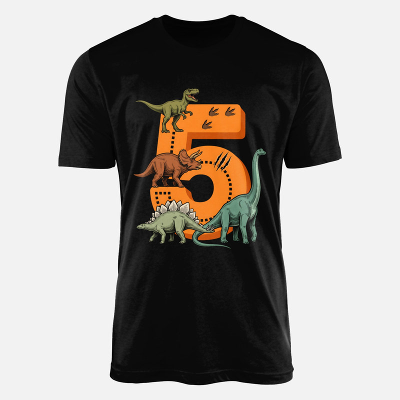 Camisetas: N&uacute;mero 5 con dinosaurios y huellas