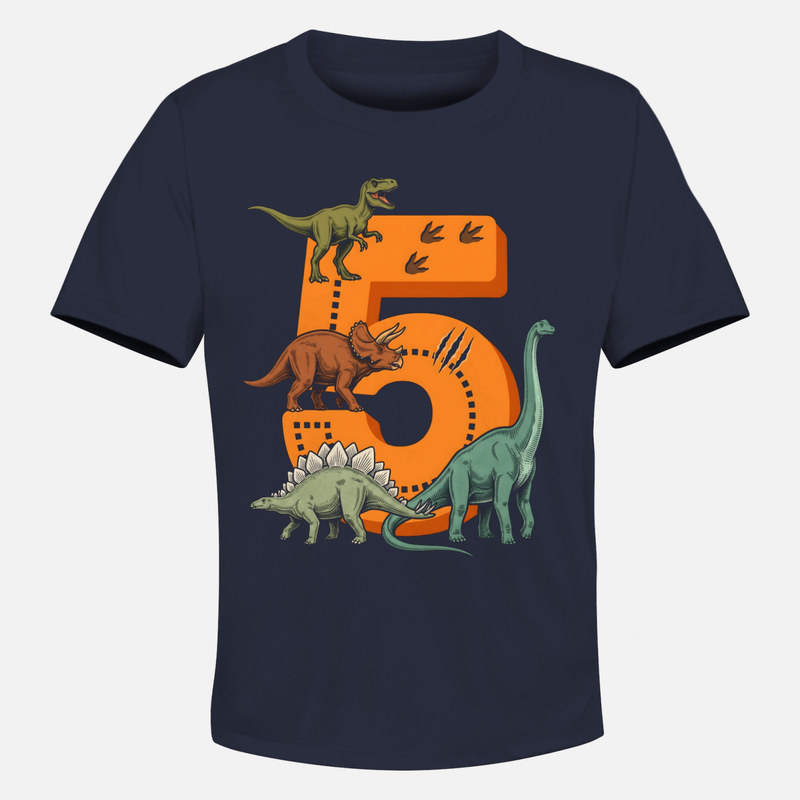 Camisetas: N&uacute;mero 5 con dinosaurios y huellas