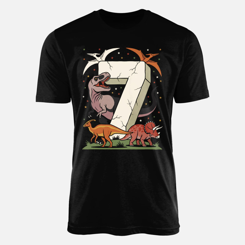 Camisetas: N&uacute;mero 7 con dinosaurios de piedra