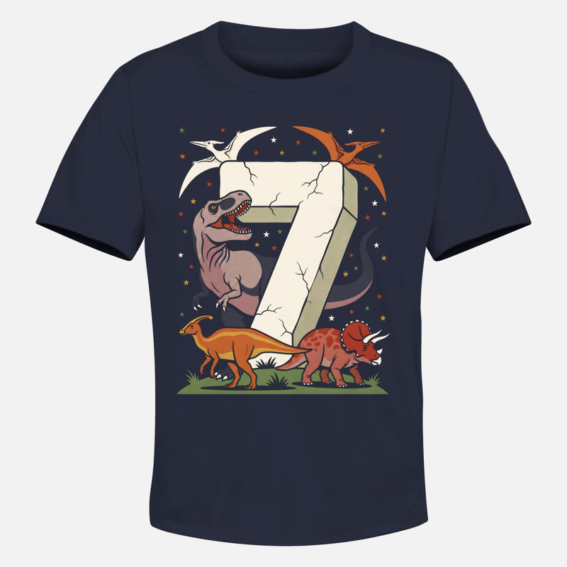Camisetas: N&uacute;mero 7 con dinosaurios de piedra