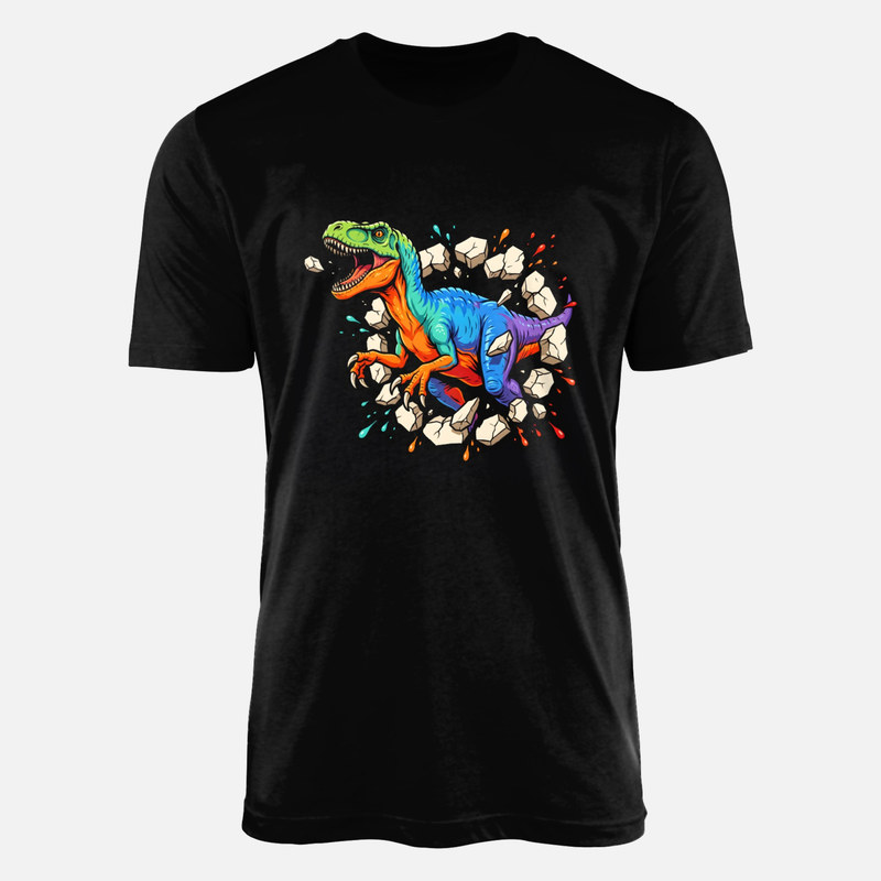 Camisetas: Dinosaurio multicolor rompiendo pared