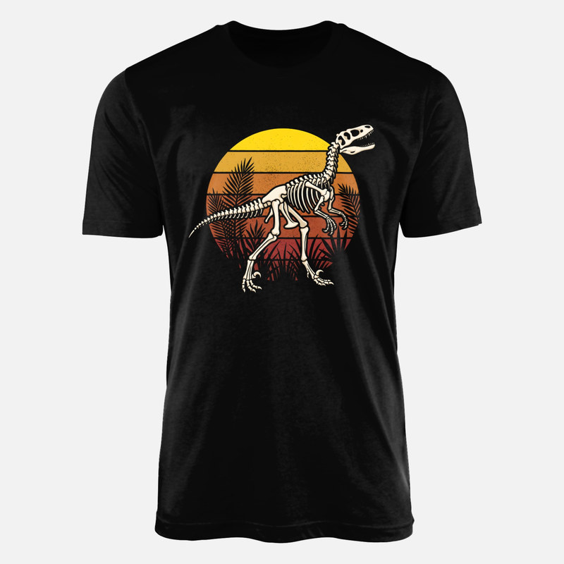 Camisetas: Esqueleto de velociraptor atardecer retro