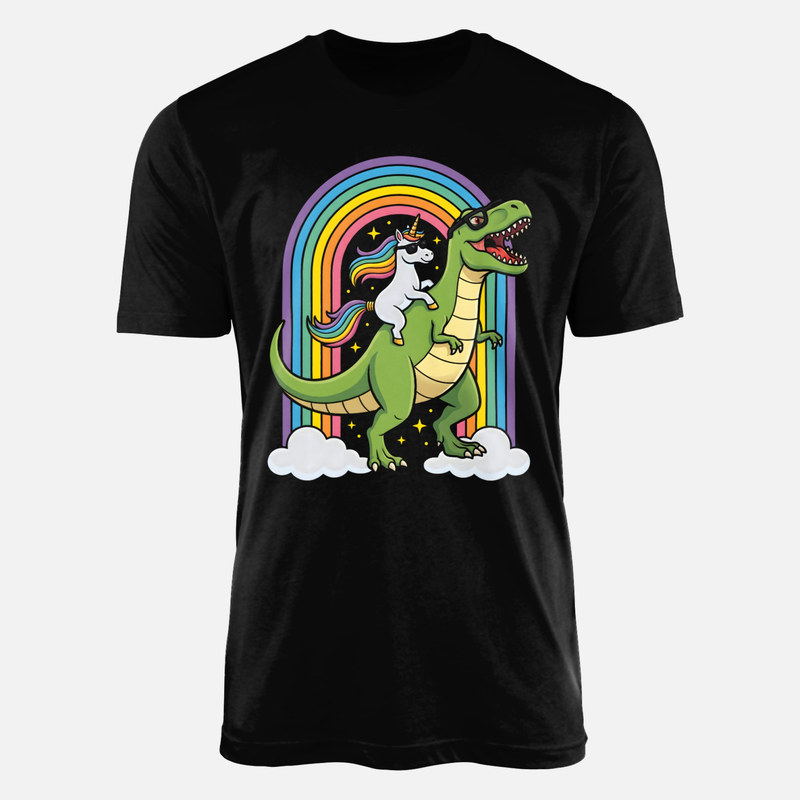 Camisetas: Unicornio sobre T-Rex con arco&iacute;ris