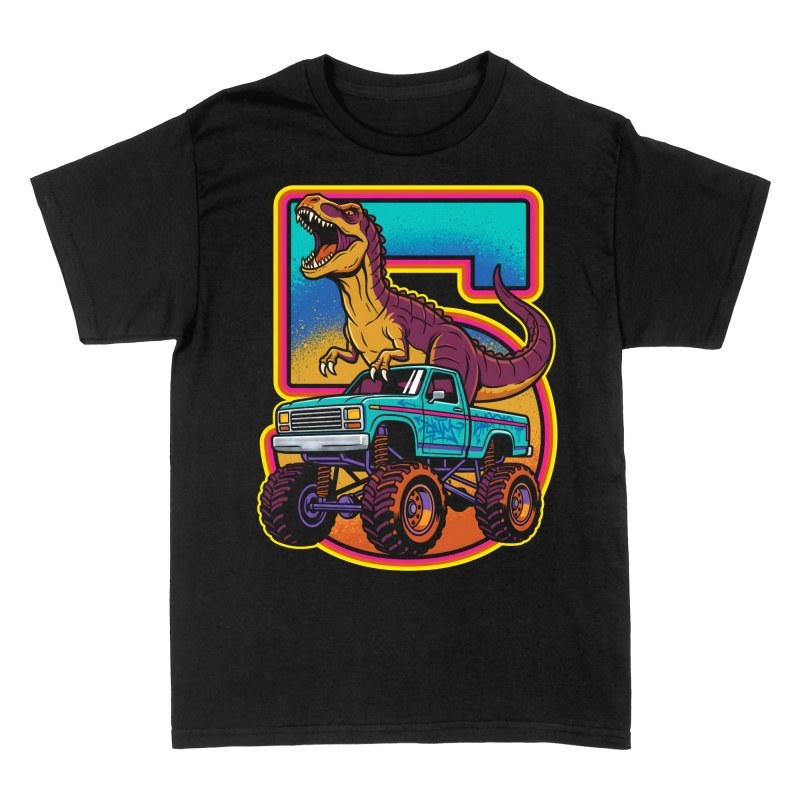 Camisetas: T-Rex en monster truck con n&uacute;mero 5