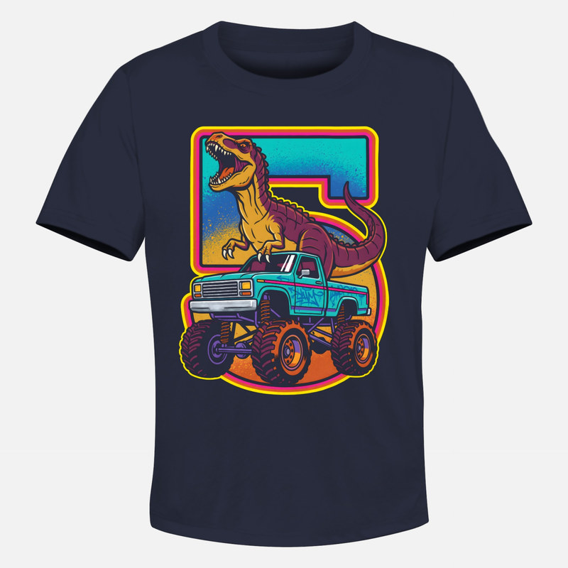 Camisetas: T-Rex en monster truck con n&uacute;mero 5