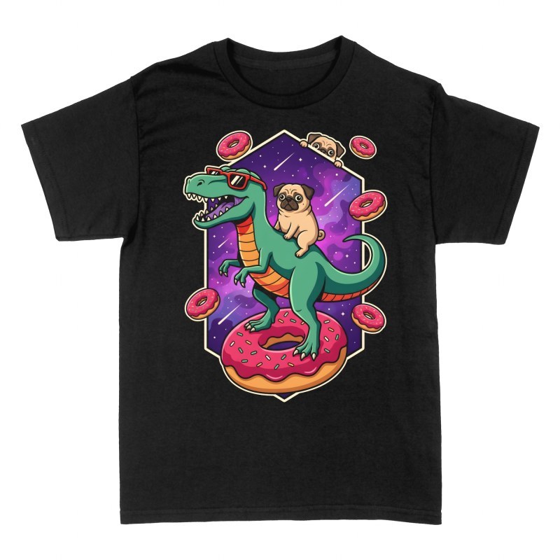 Camisetas: Pug y dinosaurio con donuts espaciales